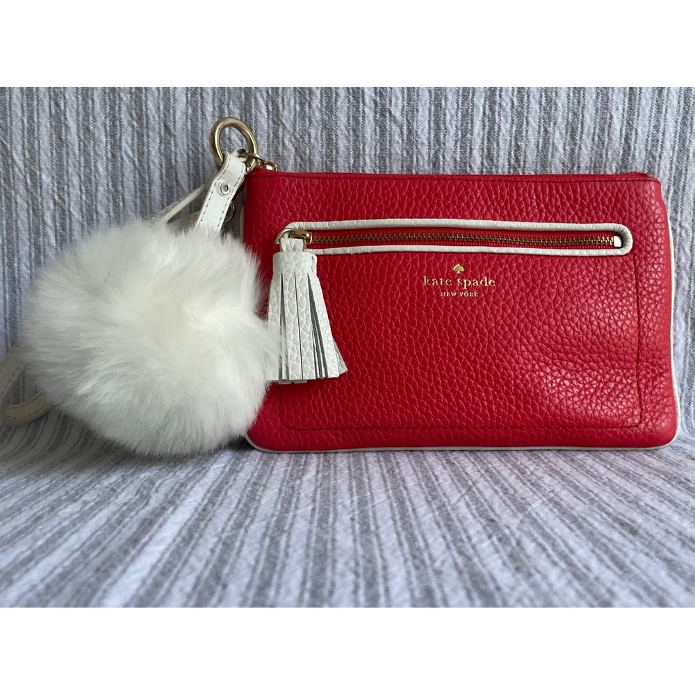 Kate Spade New York Red Pebbled Leather Pom Pom Wristlet WLRU2657‎